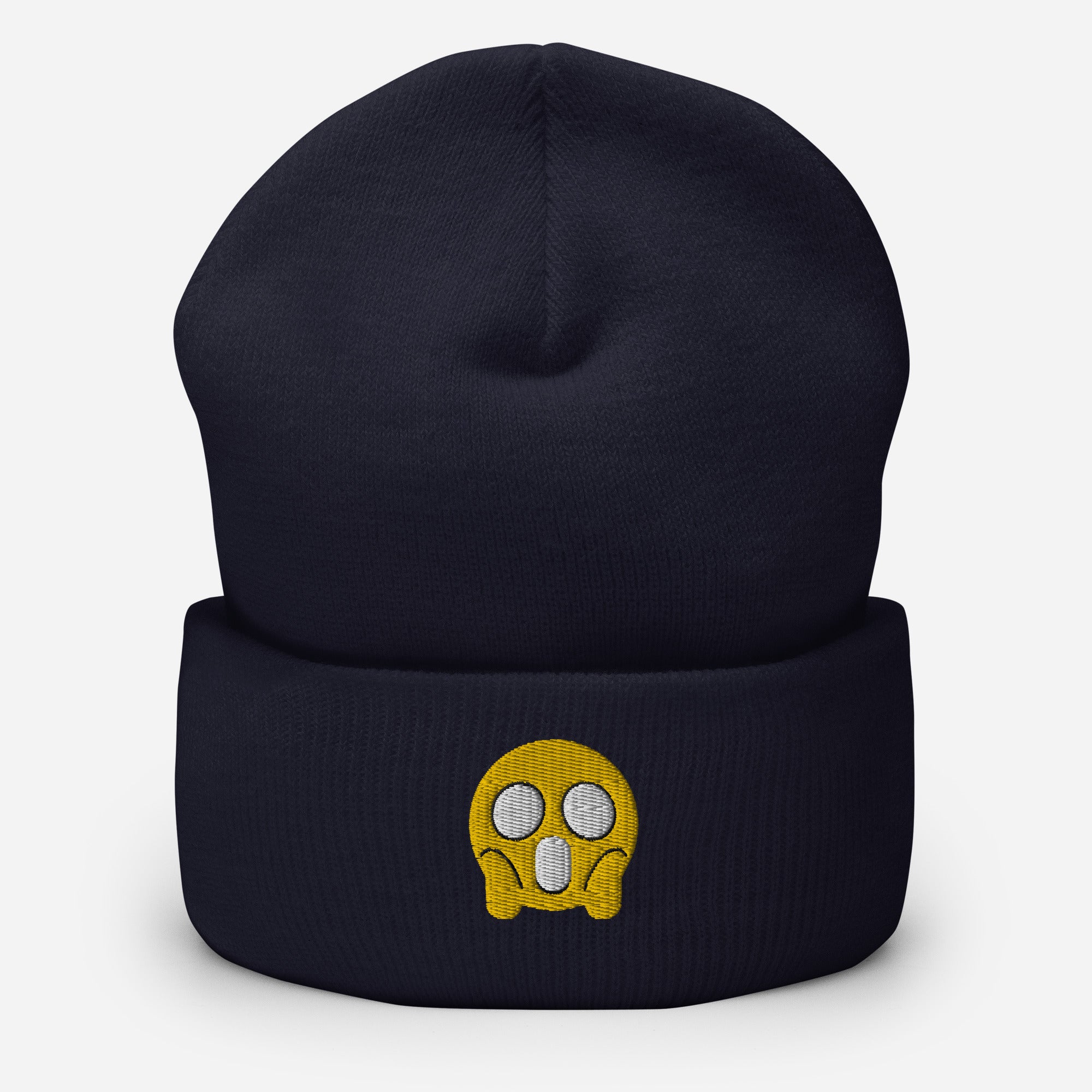 Halloween Shock Emoji Beanie Cap, Embroidered Funny Emoticon Cuffed Beanie, Handmade Unisex Slouchy Spooky Face Gift Hat Cap