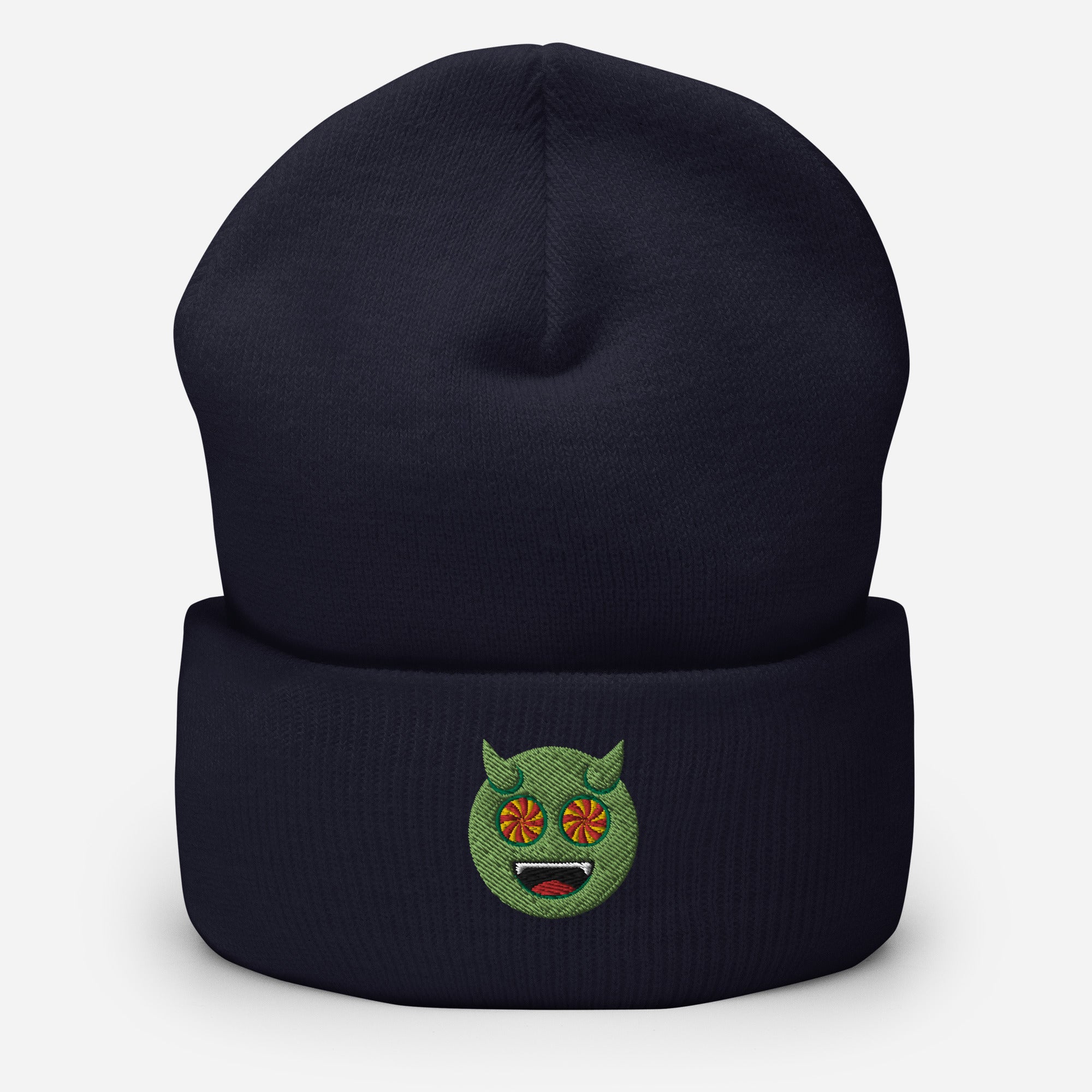 Halloween Green Evil Beanie Cap, Embroidered Evil Mouth Cuffed Beanie, Handmade Unisex Slouchy Scary Emoji Gift Hat Cap