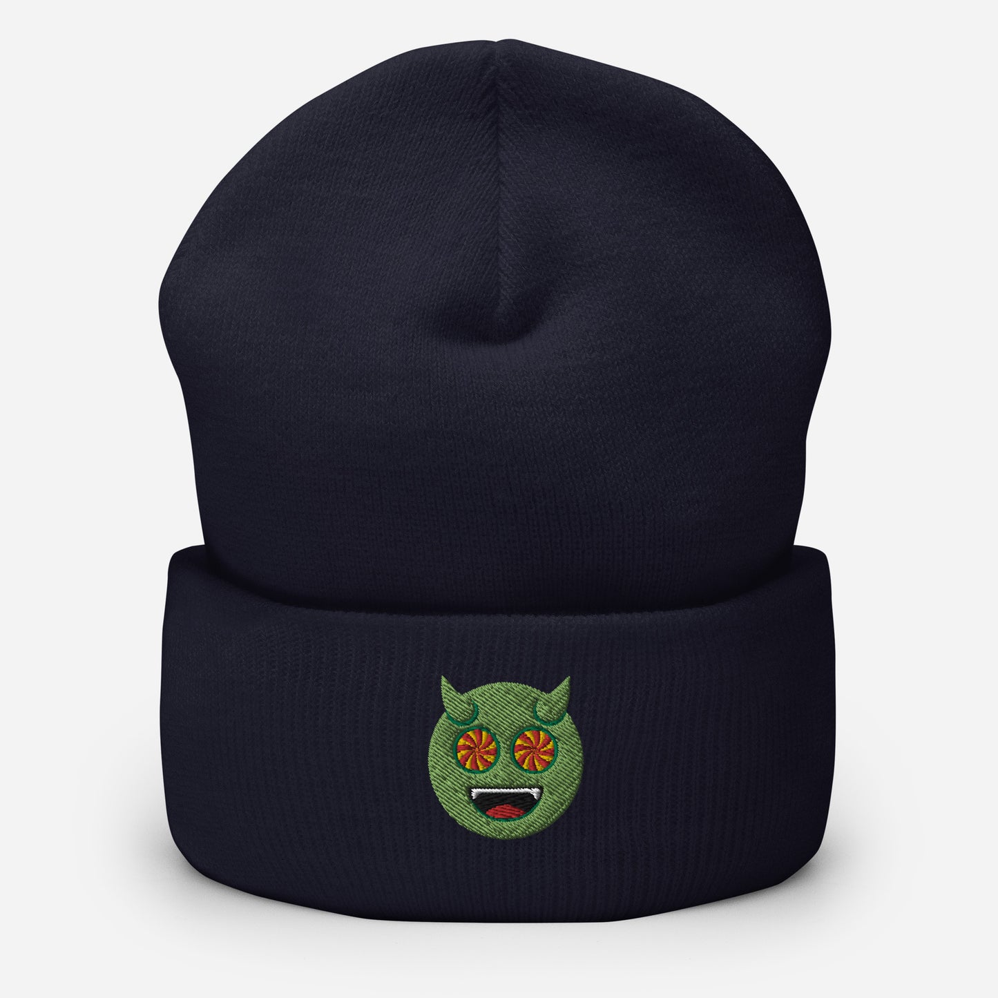 Halloween Green Evil Beanie Cap, Embroidered Evil Mouth Cuffed Beanie, Handmade Unisex Slouchy Scary Emoji Gift Hat Cap