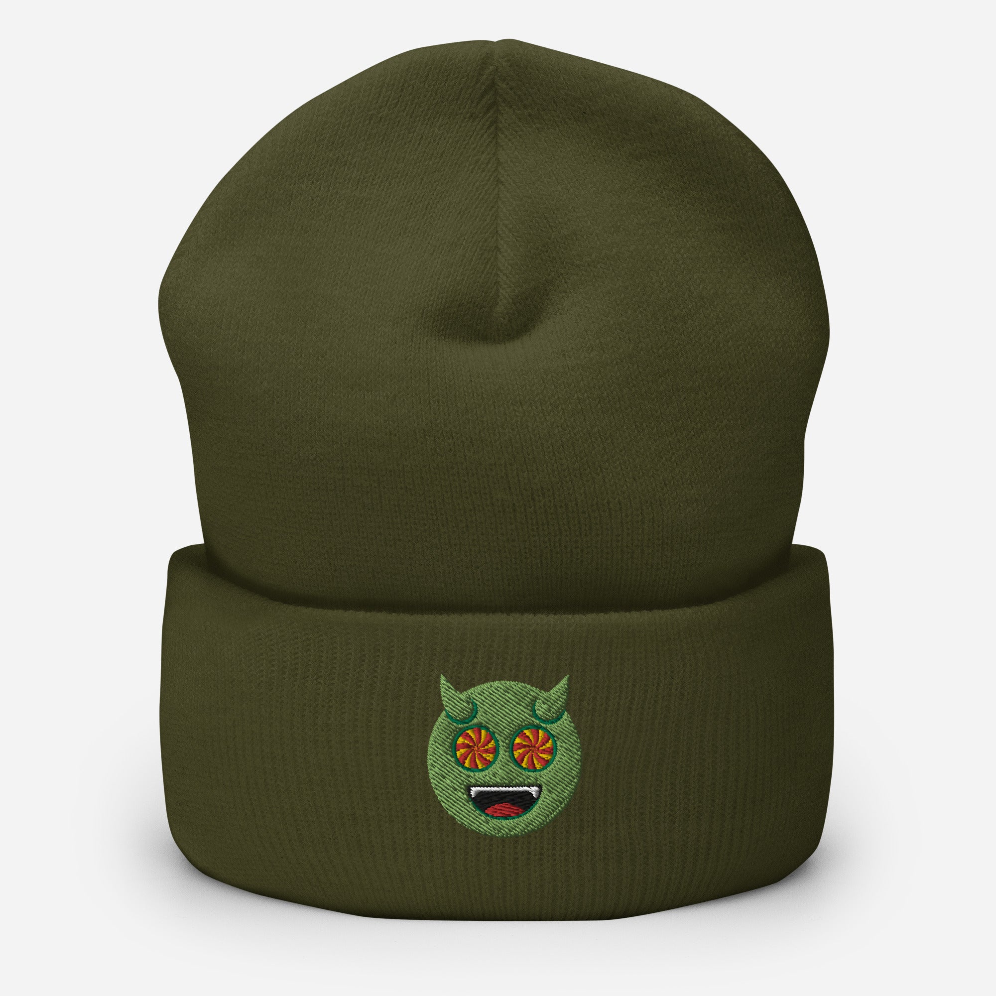 Halloween Green Evil Beanie Cap, Embroidered Evil Mouth Cuffed Beanie, Handmade Unisex Slouchy Scary Emoji Gift Hat Cap