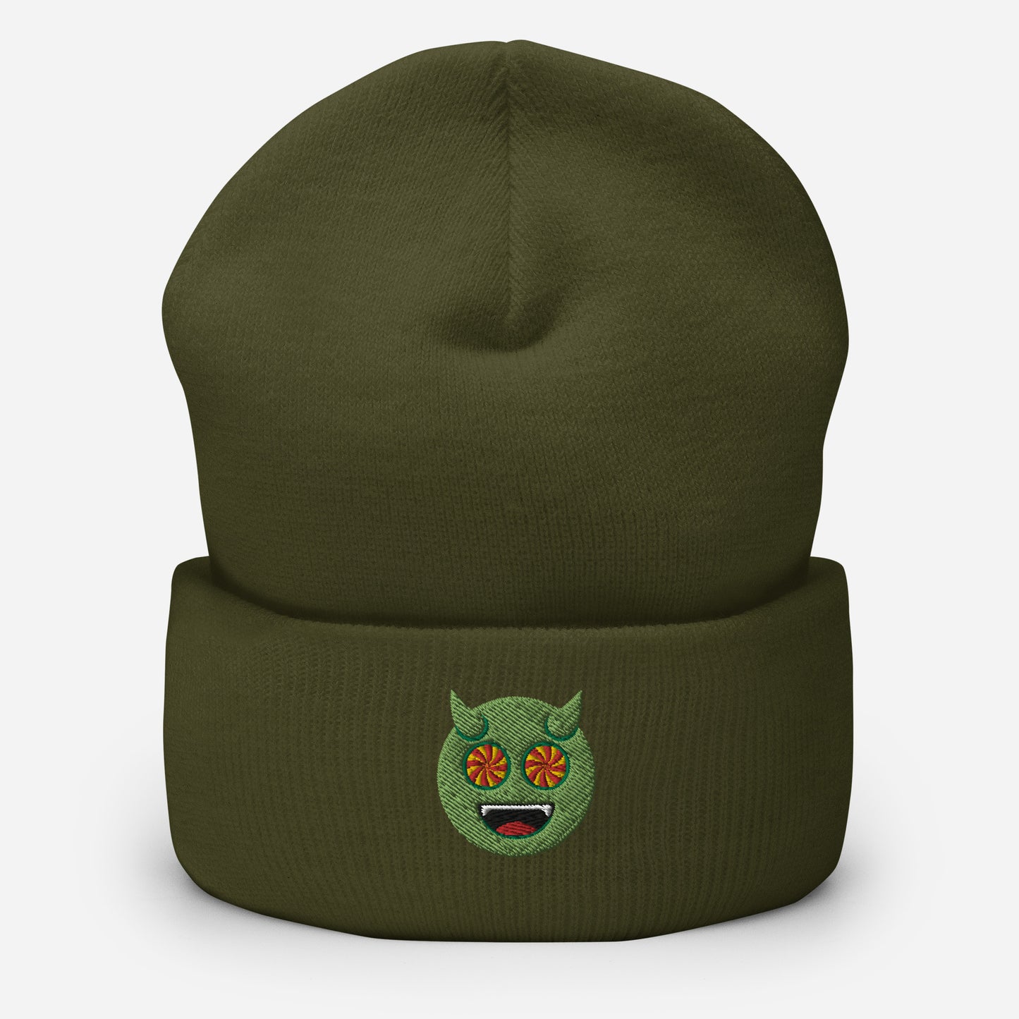Halloween Green Evil Beanie Cap, Embroidered Evil Mouth Cuffed Beanie, Handmade Unisex Slouchy Scary Emoji Gift Hat Cap