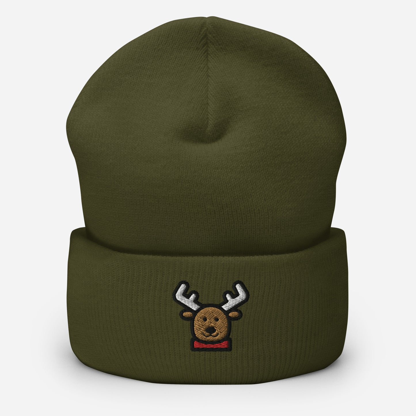 Reindeer Beanie Cap, Embroidered Christmas Animal Cuffed Beanie, Handmade Unisex Slouchy Xmas Festive Gift Hat Cap