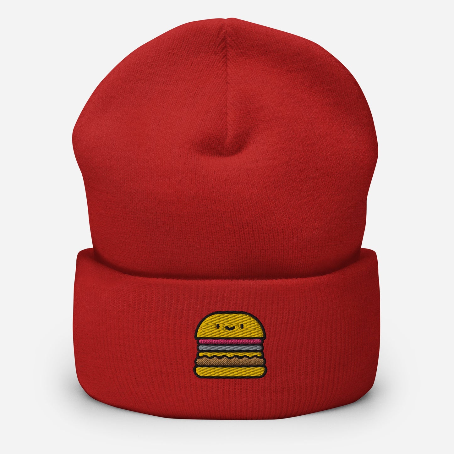 Burger Beanie Cap , Embroidered Hamburger Foodie Cuffed Beanie, Handmade Unisex Slouchy Fast Food Gift Hat Cap