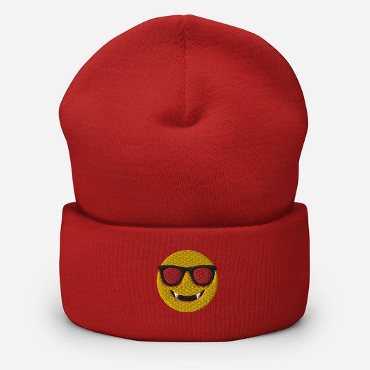 Halloween Dracula Face Beanie Cap, Embroidered Evil Emoticon Cuffed Beanie, Handmade Unisex Slouchy Scary Smile Emoji Gift Hat Cap