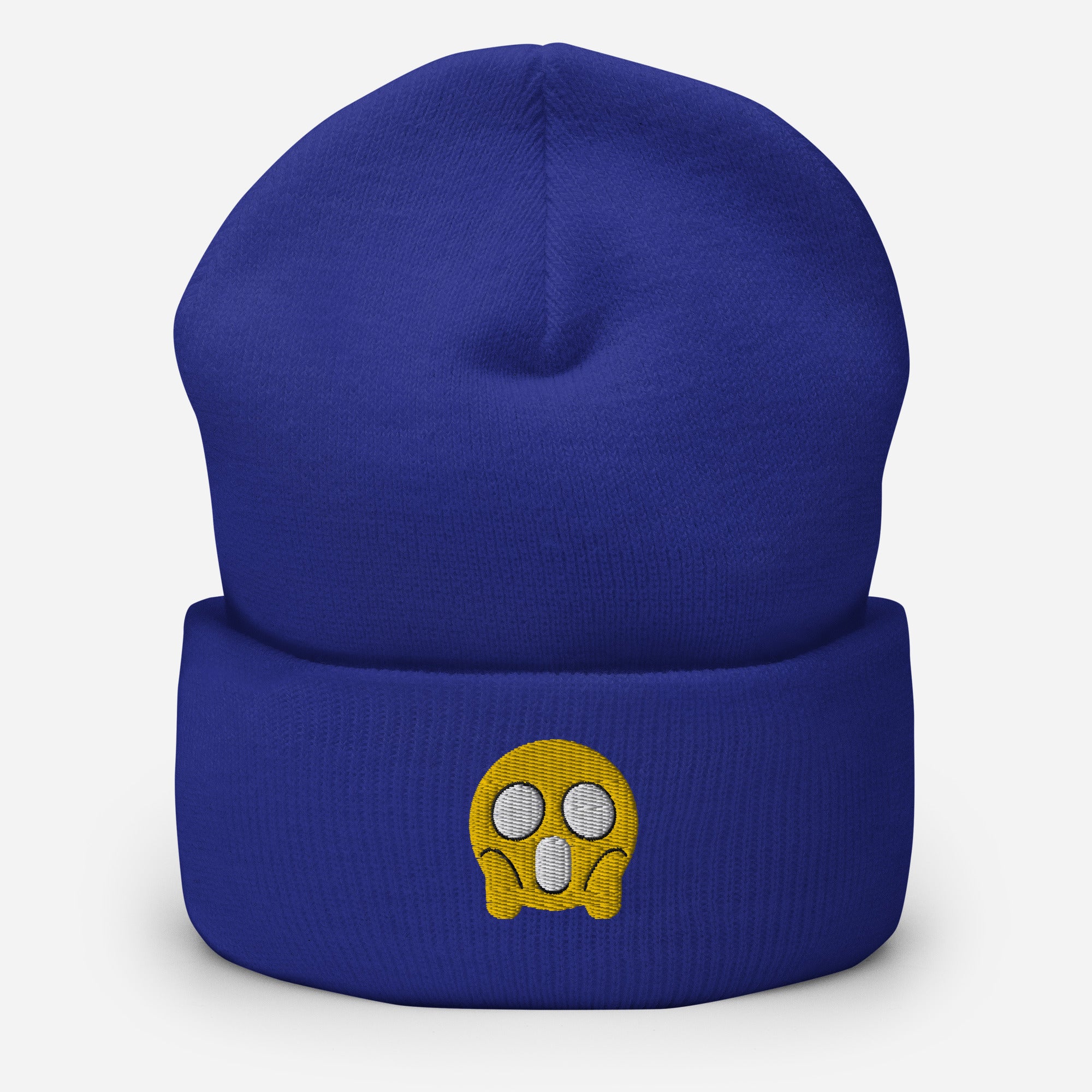 Halloween Shock Emoji Beanie Cap, Embroidered Funny Emoticon Cuffed Beanie, Handmade Unisex Slouchy Spooky Face Gift Hat Cap
