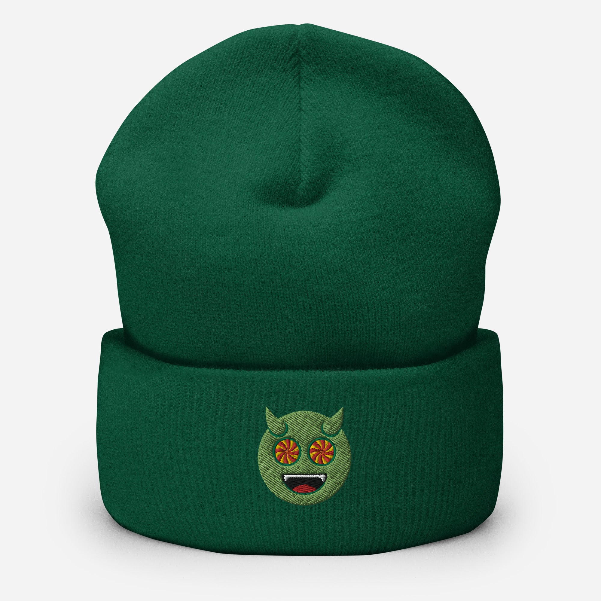 Halloween Green Evil Beanie Cap, Embroidered Evil Mouth Cuffed Beanie, Handmade Unisex Slouchy Scary Emoji Gift Hat Cap
