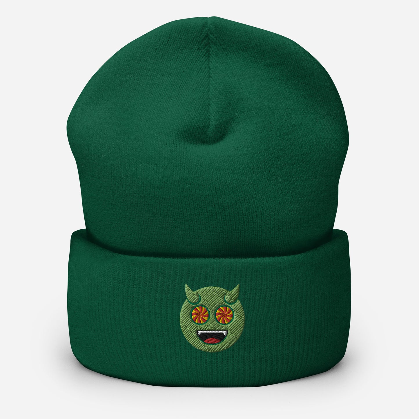 Halloween Green Evil Beanie Cap, Embroidered Evil Mouth Cuffed Beanie, Handmade Unisex Slouchy Scary Emoji Gift Hat Cap
