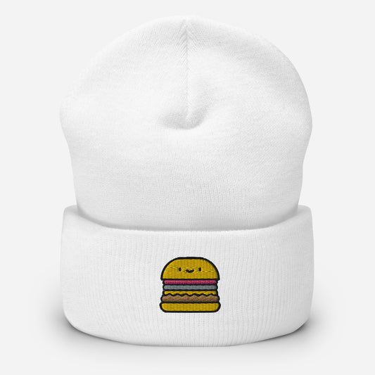 Burger Beanie Cap , Embroidered Hamburger Foodie Cuffed Beanie, Handmade Unisex Slouchy Fast Food Gift Hat Cap