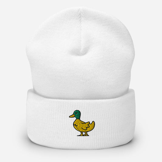 Cute Duck Beanie Cap, Embroidered Bird Lake Duck Lover Cuffed Beanie, Handmade Unisex Wildlife Hunter Duck Player Gift Hat Cap