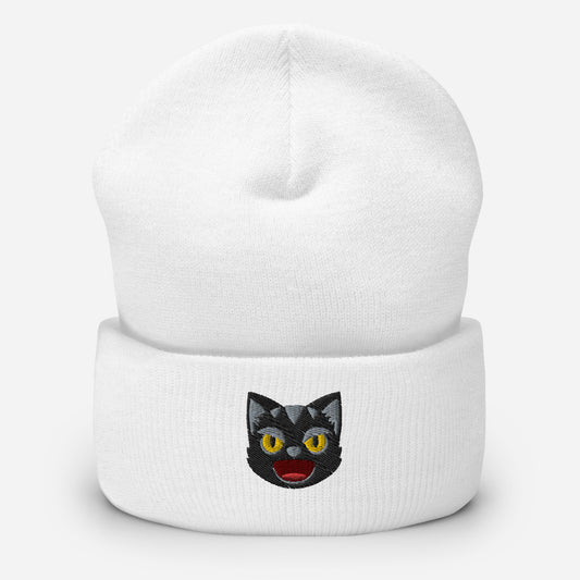 Halloween Black Cat Beanie Cap, Embroidered Spooky Cat Cuffed Beanie, Handmade Unisex Slouchy Angry Face Gift Hat Cap