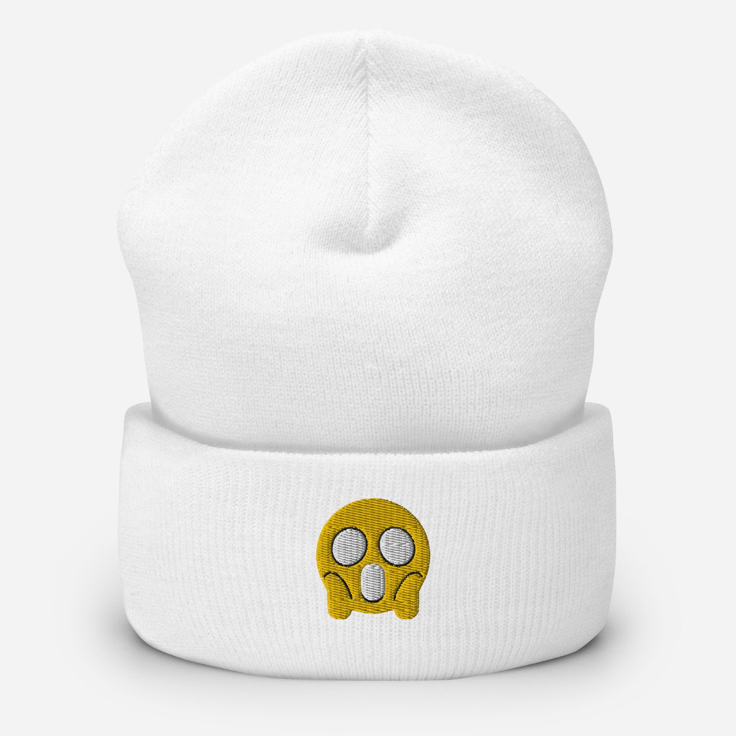 Halloween Shock Emoji Beanie Cap, Embroidered Funny Emoticon Cuffed Beanie, Handmade Unisex Slouchy Spooky Face Gift Hat Cap