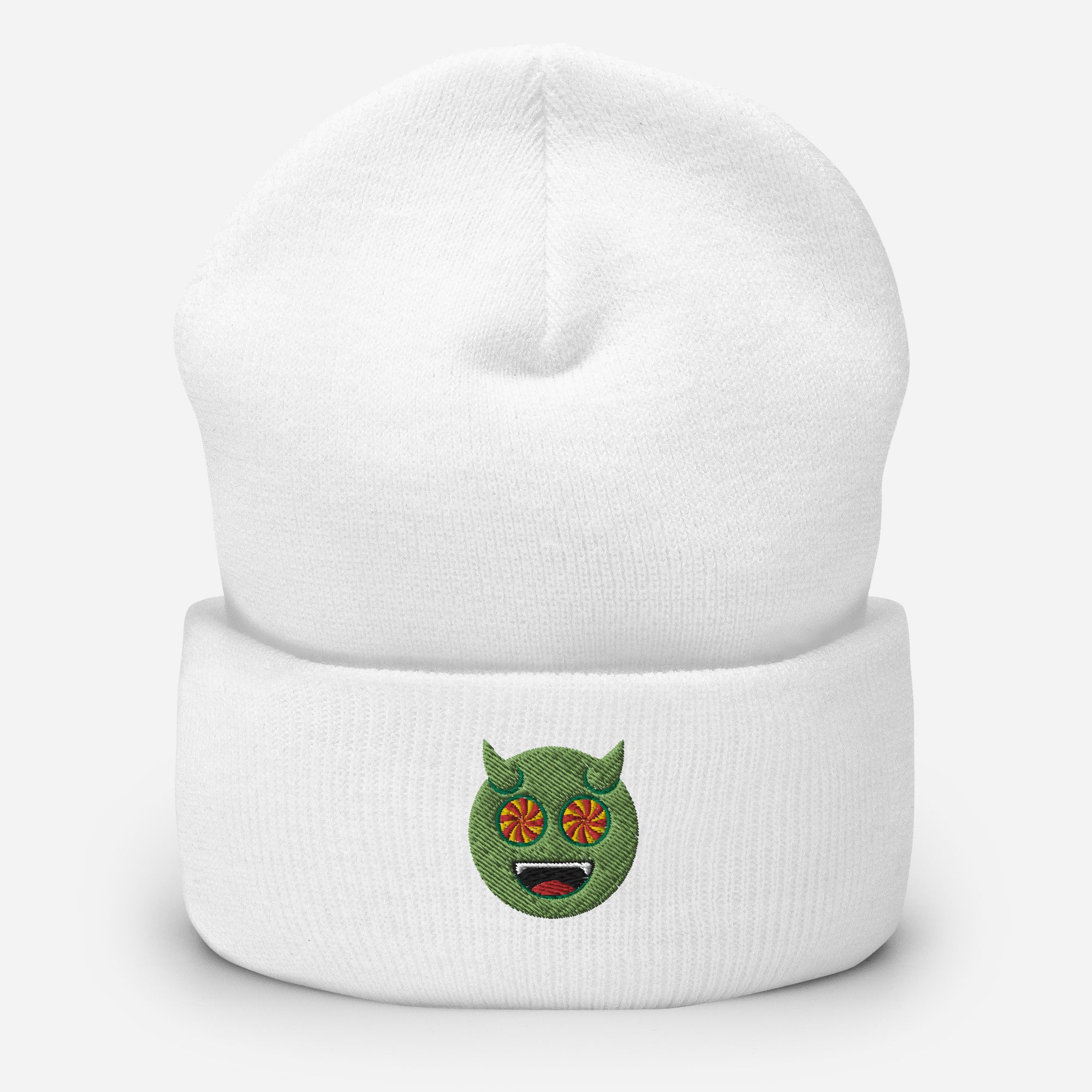 Halloween Green Evil Beanie Cap, Embroidered Evil Mouth Cuffed Beanie, Handmade Unisex Slouchy Scary Emoji Gift Hat Cap