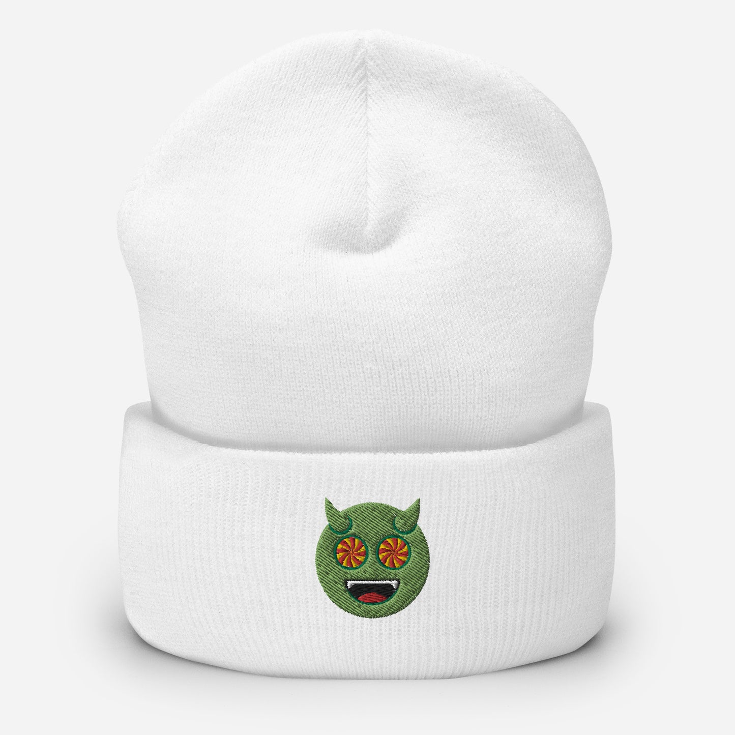 Halloween Green Evil Beanie Cap, Embroidered Evil Mouth Cuffed Beanie, Handmade Unisex Slouchy Scary Emoji Gift Hat Cap