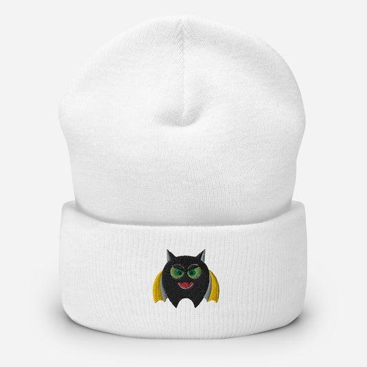 Halloween Bat Beanie Cap, Embroidered Flying Bat Cuffed Beanie, Handmade Unisex Slouchy Scary Smile Emoji Gift Hat Cap