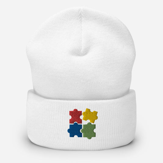 Autism Puzzle Pieces Beanie Cap, Embroidered Autism Awareness Cuffed Beanie, Handmade Unisex Slouchy Autistic Pride Gift Hat Cap