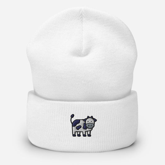 Holstein Cow Beanie Cap, Embroidered Milk Cow Cuffed Beanie, Handmade Unisex Slouchy Farm Animal Gift Hat Cap
