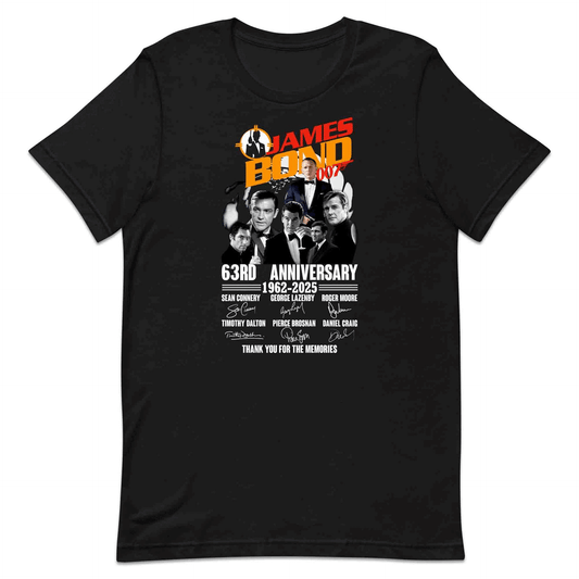 James Bond 63rd Anniversary T-Shirt, Jumper & Hoodie – 1962–2025 Tribute to All 007 Actors with Signatures | PRODUCT CODE: JMADSUYA