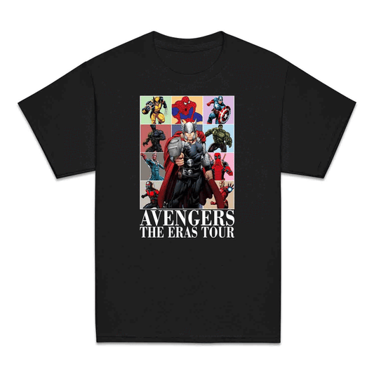 Avengers Eras Tour Kids T-Shirt, Jumper & Hoodie – Retro Marvel Comic Style Featuring Thor, Iron Man, Spider-Man, Hulk & Deadpool | PRODUCT CODE: ABFGEIRS