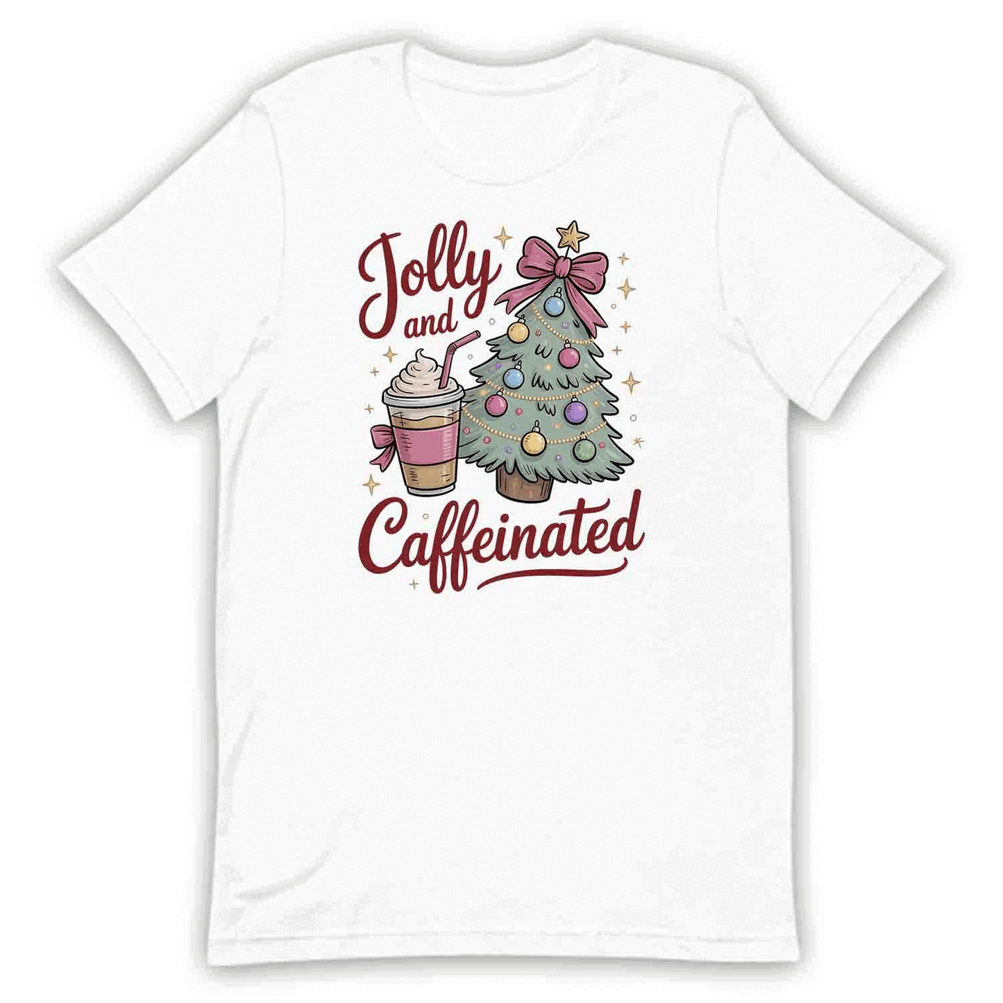 Jolly and Caffeinated Christmas T-Shirt, Festive Coffee Lover Tee, Holiday Latte Humor Shirt | PRODUCT CODE: JYLKDFSBV