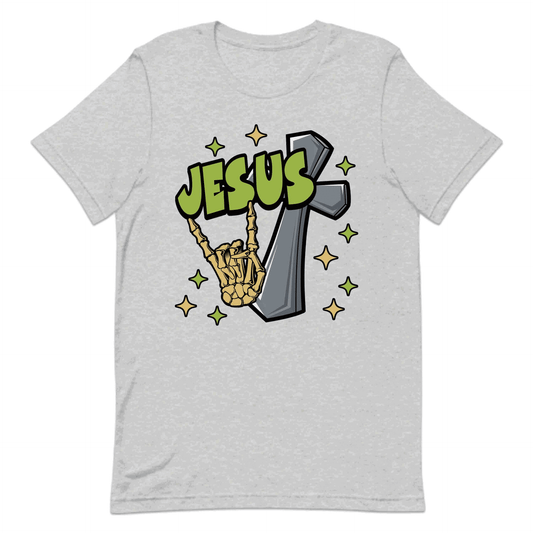 Rock On with Jesus Skeleton Hand & Cross Christian Rock n Roll | PRODUCT CODE: RKNWTHJUSDC