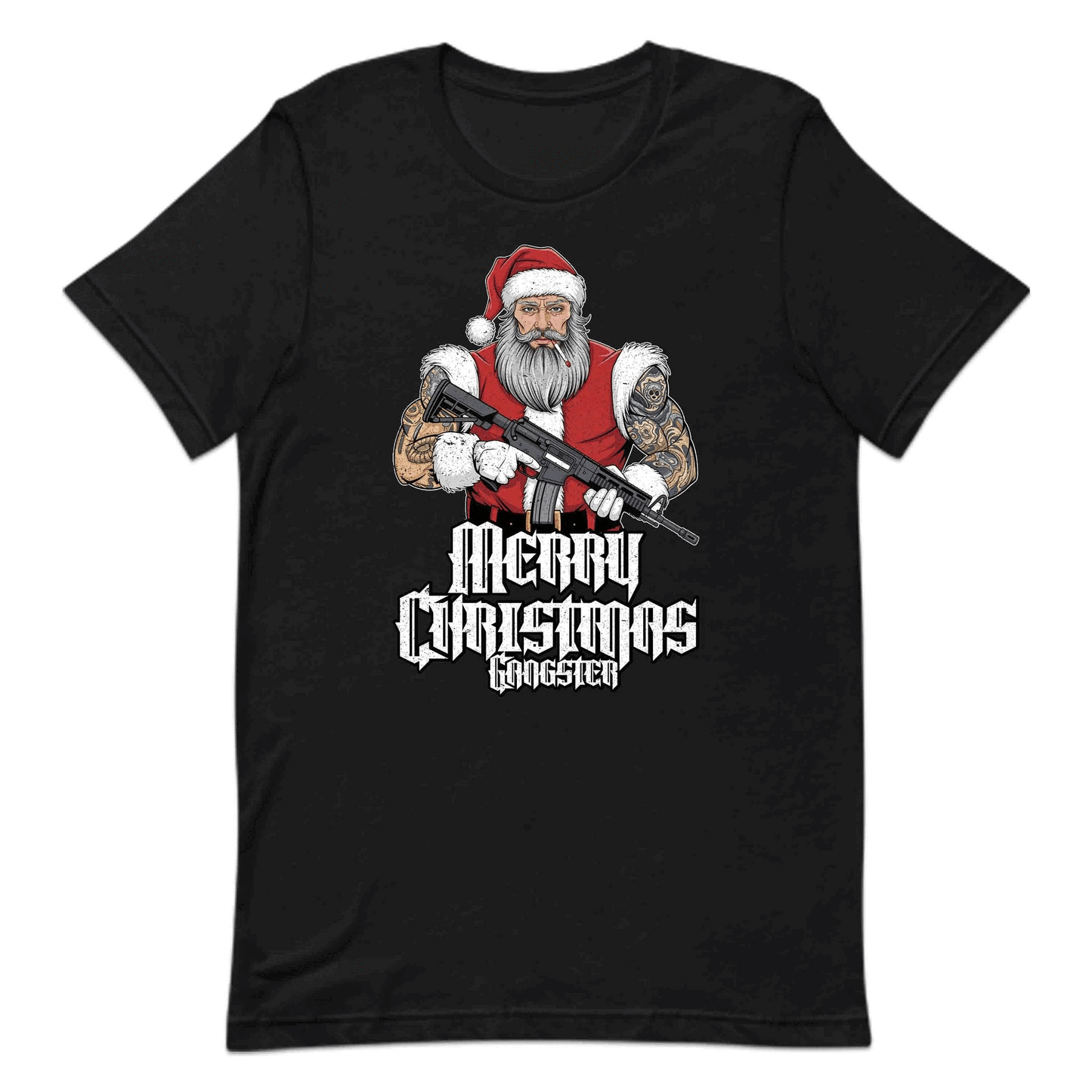 Merry Christmas Gangster Tattooed Badass Santa With AR-15 Hardcore Xmas | PRODUCT CODE: MYGRNTDHREY