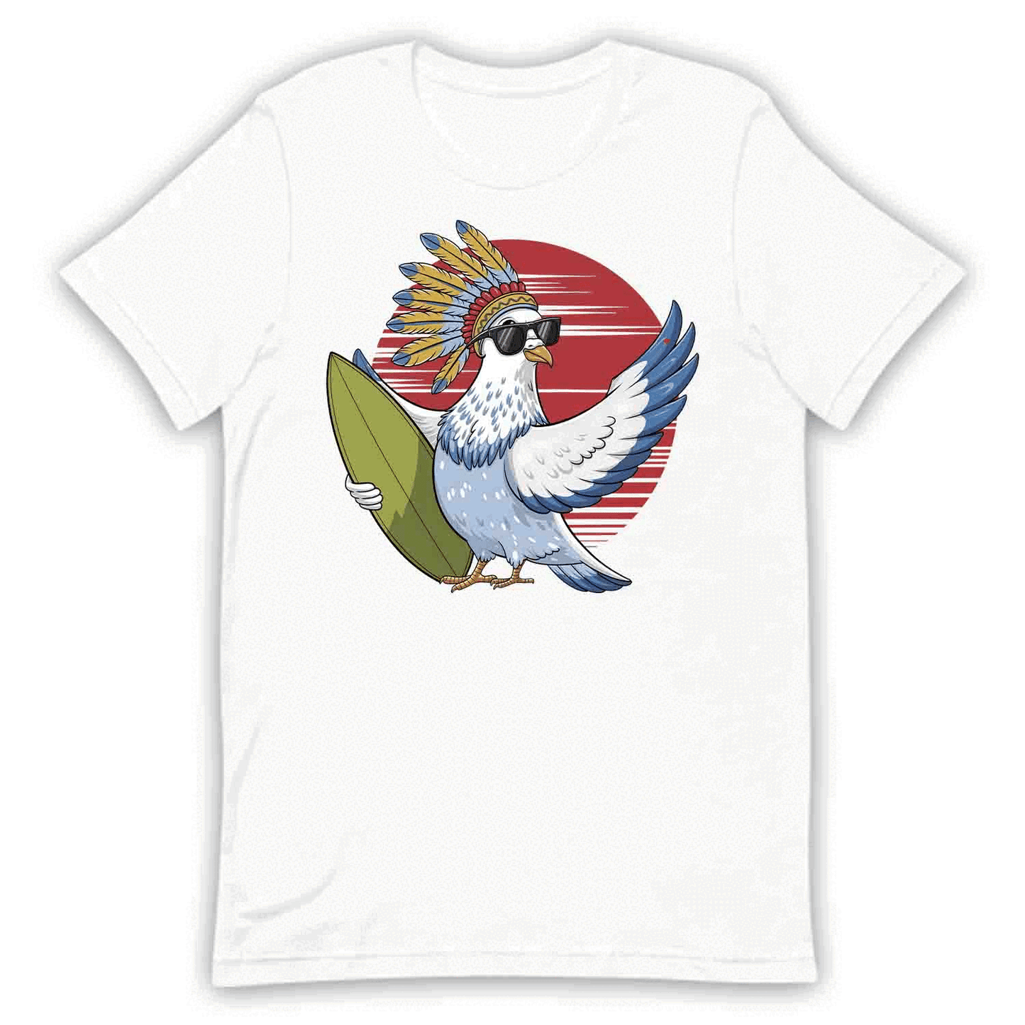 Surfing Pigeon T-Shirt, Sweatshirt, Hoodie – Retro Tribal Beach Bird Ocean Lover Top | PRODUCT CODE: SHFRGNISPW