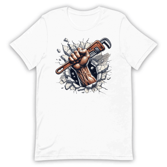 Plumber Wrench Fist Breaking Through Brick Wall 3D Realistic Plumbing Power | PRODUCT CODE: PLBWRHCFTSKW