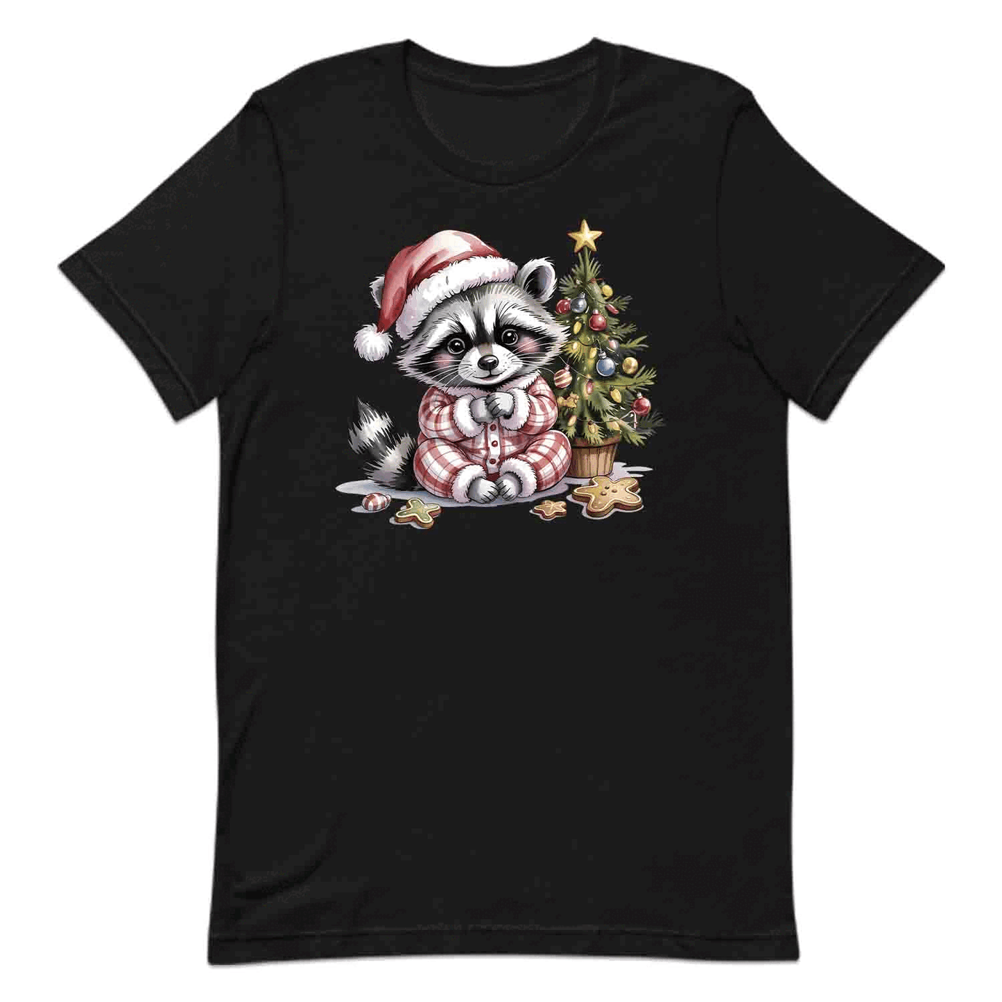 Raccoon Christmas T-Shirt, Cute Holiday Pajama Raccoon with Cookies Tee, Festive Winter Animal Lover Shirt | PRODUCT CODE: RNBCBSADX
