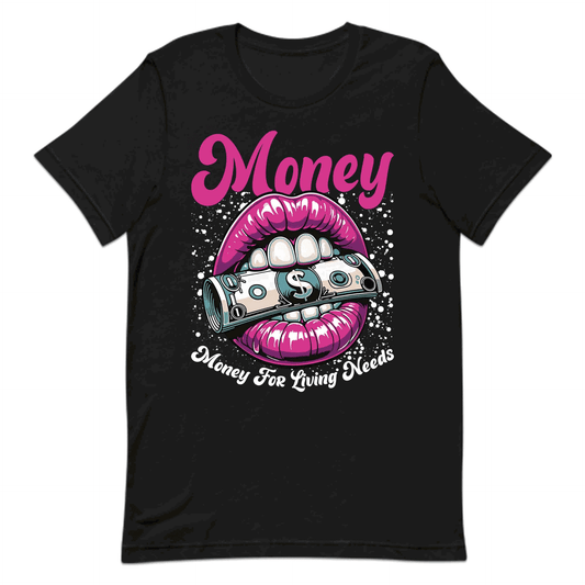 Pink Lips Biting Dollar Bill Money for Living Needs Slogan | PRODUCT CODE: PKNLPSBTNFDB