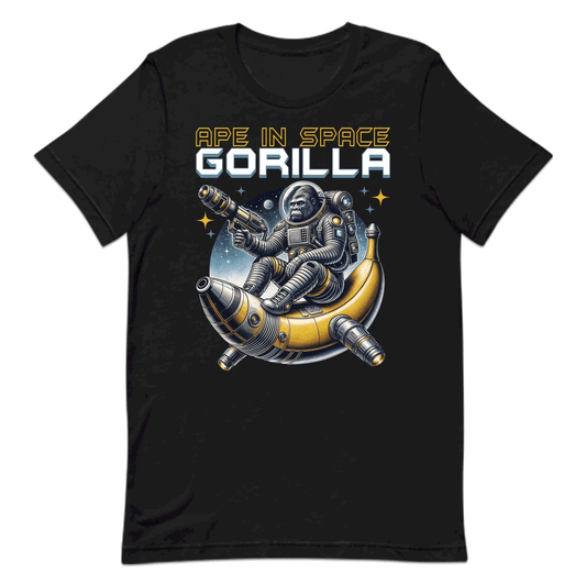 Retro Space Ape Galactic Gorilla Riding Banana Rocket with Laser Gun | PRODUCT CODE: RTSPCEPAGRLA