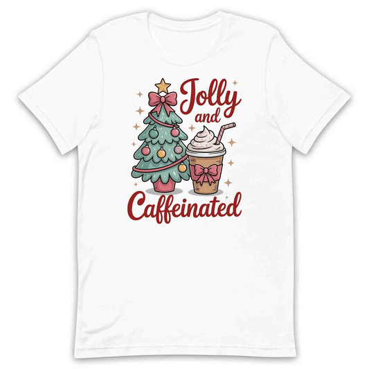 Jolly and Caffeinated Christmas Coffee T-Shirt, Festive Latte Sweatshirt, Barista Holiday Hoodie | PRODUCT CODE: JSDLKWETVU