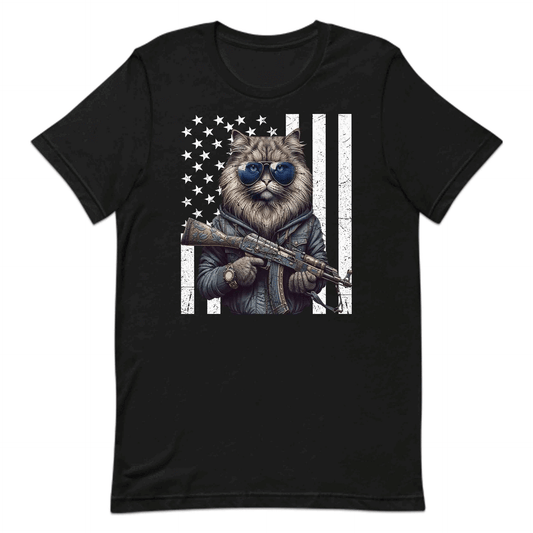 Armed Cat With AK-47 & USA Flag Fierce Patriotic Feline | PRODUCT CODE: ACRDMWUSFLGT