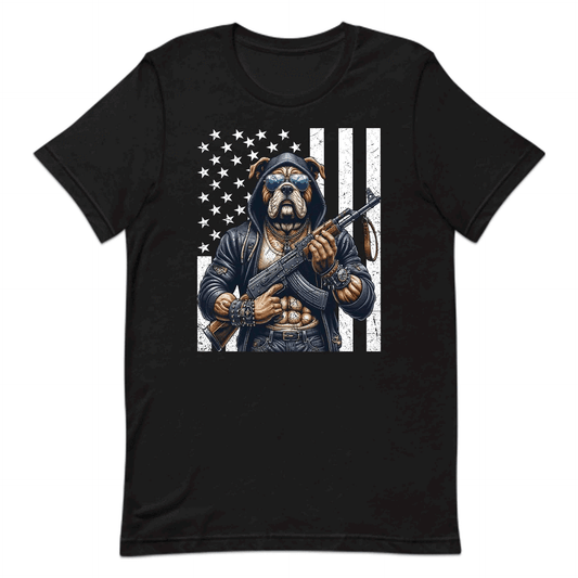 Armed Bulldog With AK-47 & USA Flag Fierce Patriotic Dog | PRODUCT CODE: ARMUJWBAHFG