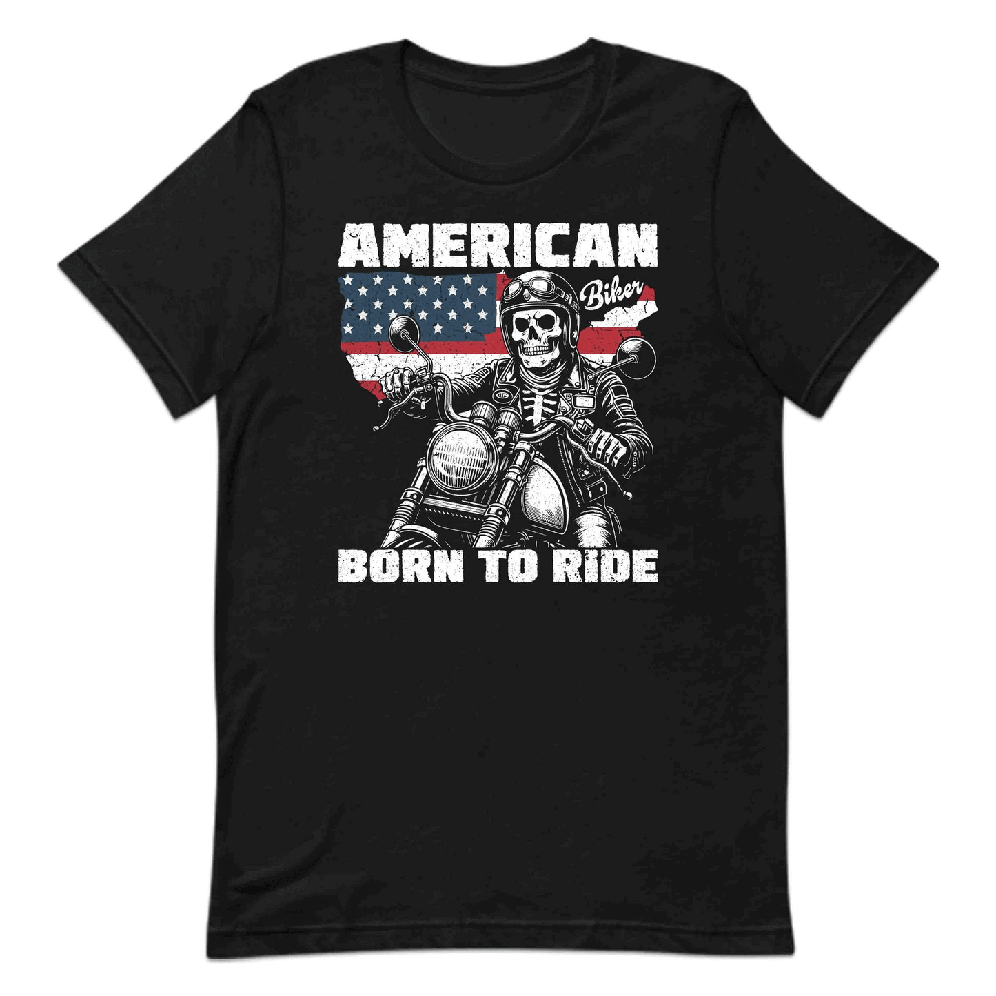 Patriotic American Biker Born to Ride Vintage Skull Rider on Motorcycle USA Flag | PRODUCT CODE: PTRCAMNBKRSK