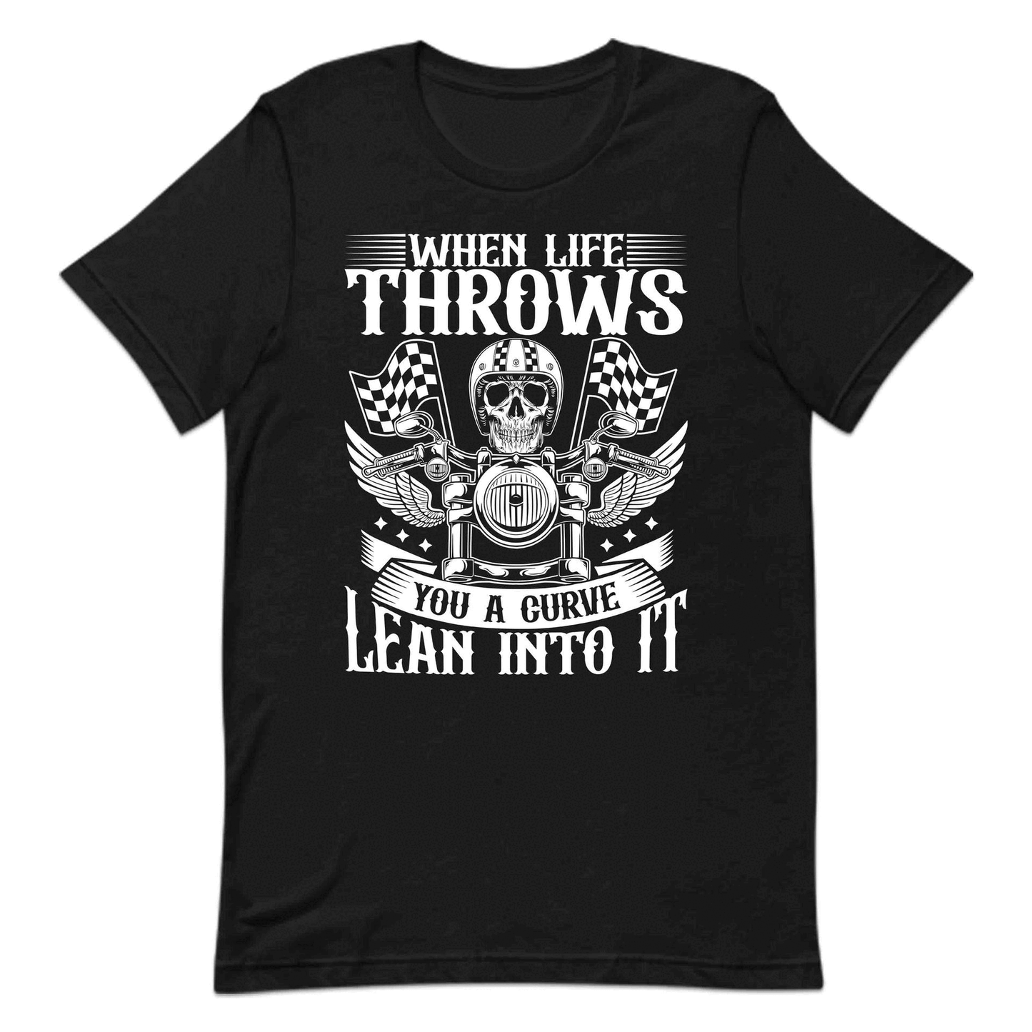 When Life Throws You a Curve Lean Into It Unique Biker Skull with Flags | PRODUCT CODE: WNLFUEBAOWG