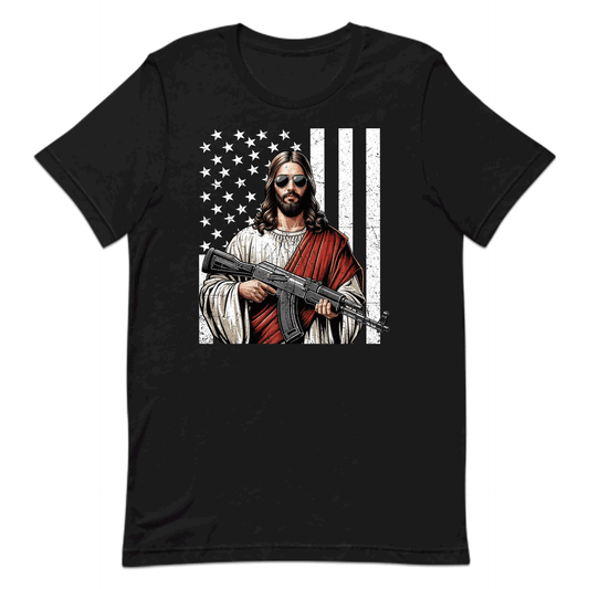 Armed Jesus with USA Flag Patriotic Christian Faith & Firearm  Fusion | PRODUCT CODE: AMRDJSUFLGPT