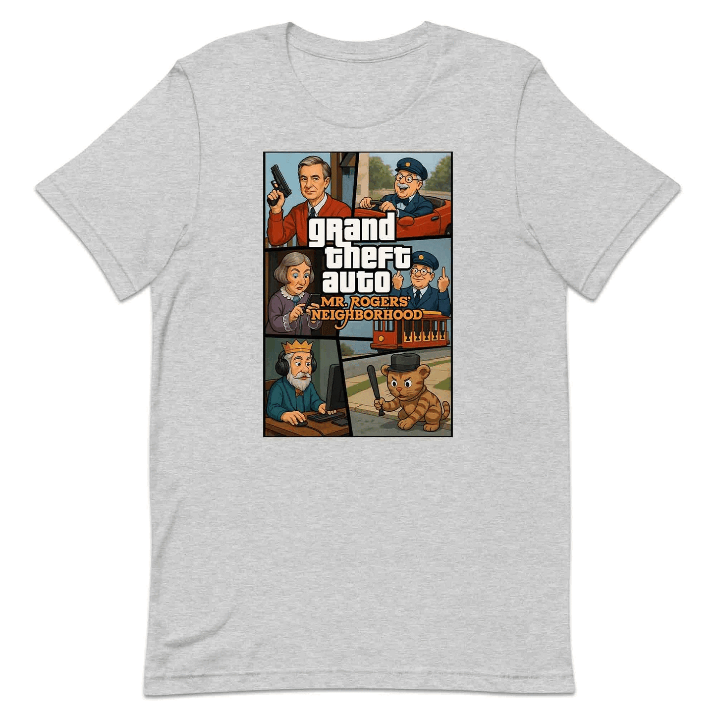 Mr. Rogers GTA Meme T-Shirt, 90s Crossover Jumper & Retro Satire Hoodie – Wholesome Chaos Pop Culture Apparel | PRODUCT CODE: MERGHQCB