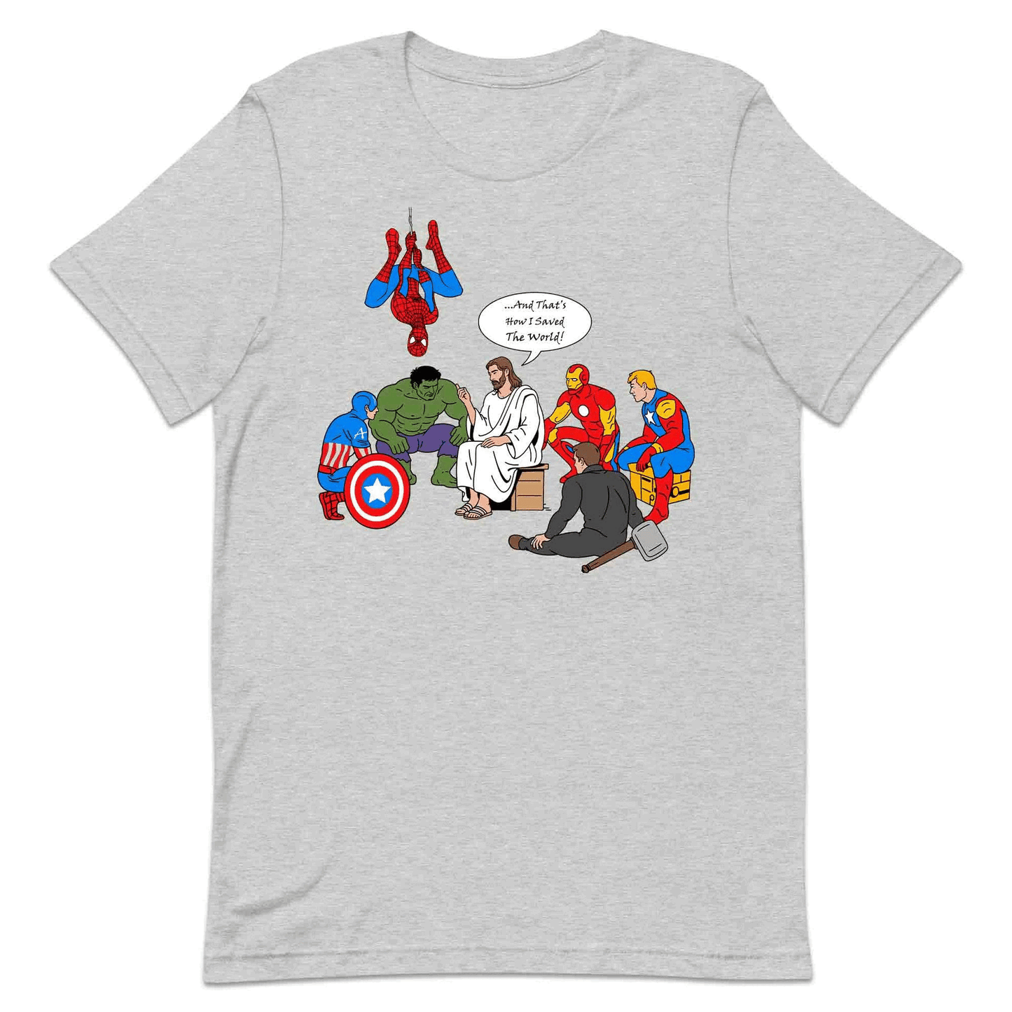 Jesus & Avengers Mashup T-Shirt, Jumper & Hoodie – Christian Marvel Meme Where Faith Meets Fandom with Superhero Humor | PRODUCT CODE: JUDSQAZMLA