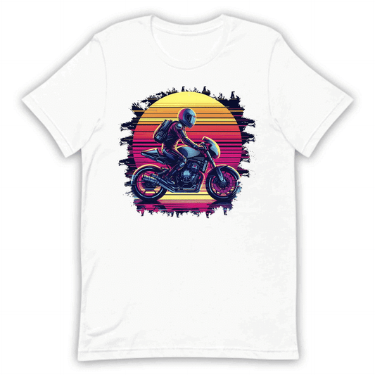 Epic Vibrant Retro Neon Sunset Motorcycle Rider Vintage Aesthetic | PRODUCT CODE: EPCBRVTBKNSUM
