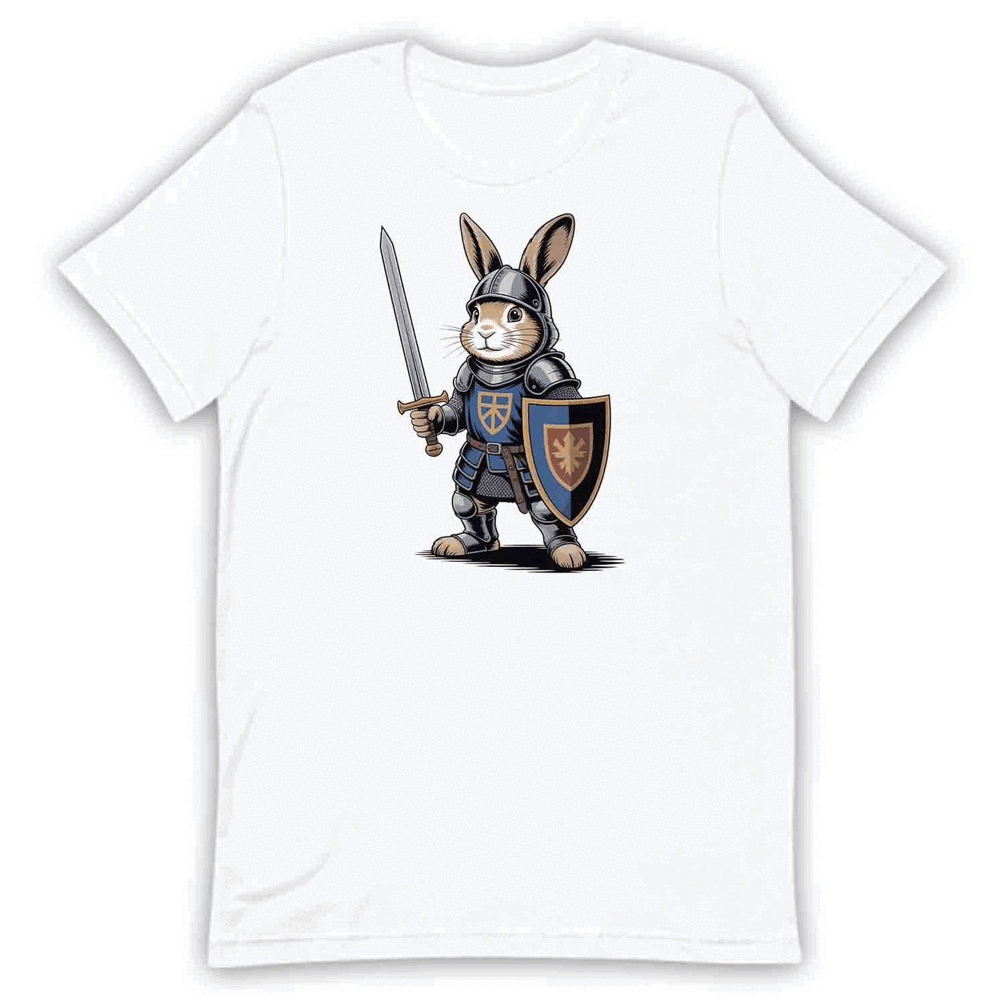 Bunny Knight T-Shirt, Medieval Rabbit Warrior Tee, Fantasy Armor Sword & Shield Shirt | PRODUCT CODE: BNYASDBK