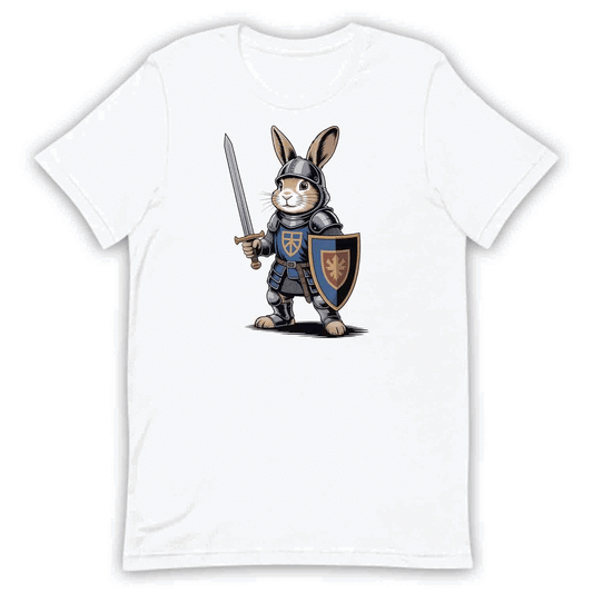 Bunny Knight T-Shirt, Medieval Rabbit Warrior Tee, Fantasy Armor Sword & Shield Shirt | PRODUCT CODE: BNYASDBK