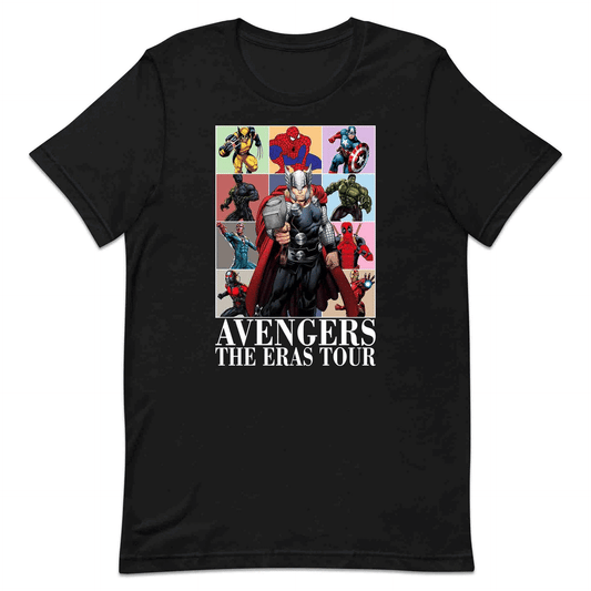 Avengers Eras Tour T-Shirt, Jumper & Hoodie – Retro Marvel Comic Style Featuring Thor, Iron Man, Spider-Man, Hulk & Deadpool | PRODUCT CODE: ABFGEIRS
