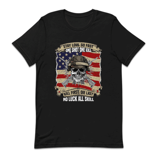 Stay Low Go Fast, One Shot One Kill USA Military Soldier Skull | PRODUCT CODE: MLTSKLVTRNDY