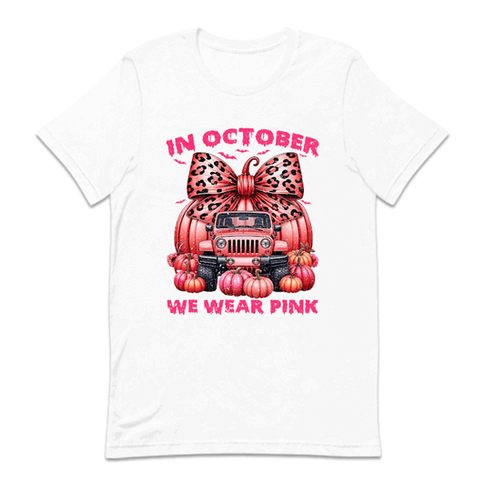 In October We Wear Pink Pink Ribbon Jeep With Pumpkins Halloween Breast Cancer | PRODUCT CODE: PNKRBOJPKS