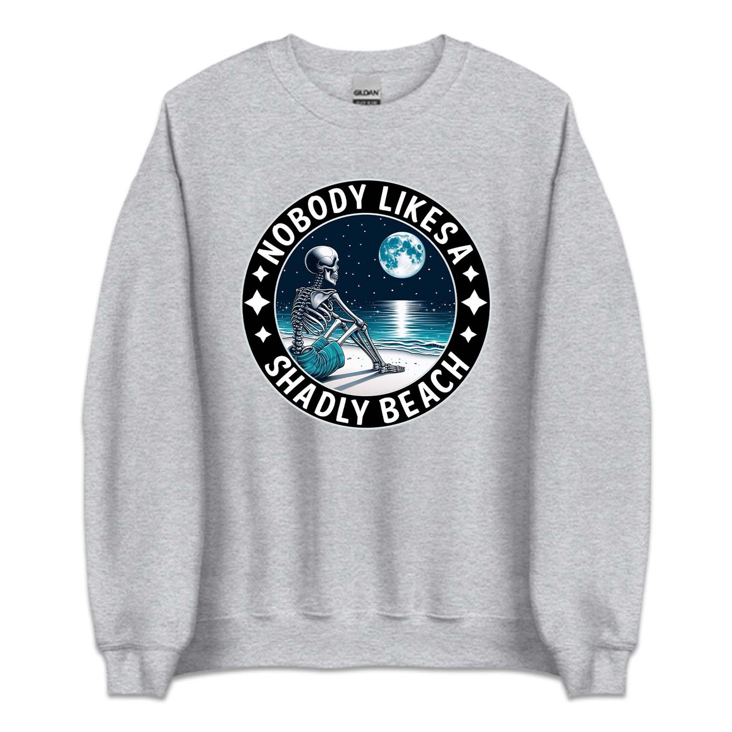 Nobody Likes A Shadly Beach Skeleton Sitting On A Beach | PRODUCT CODE: NBDLKASHBC