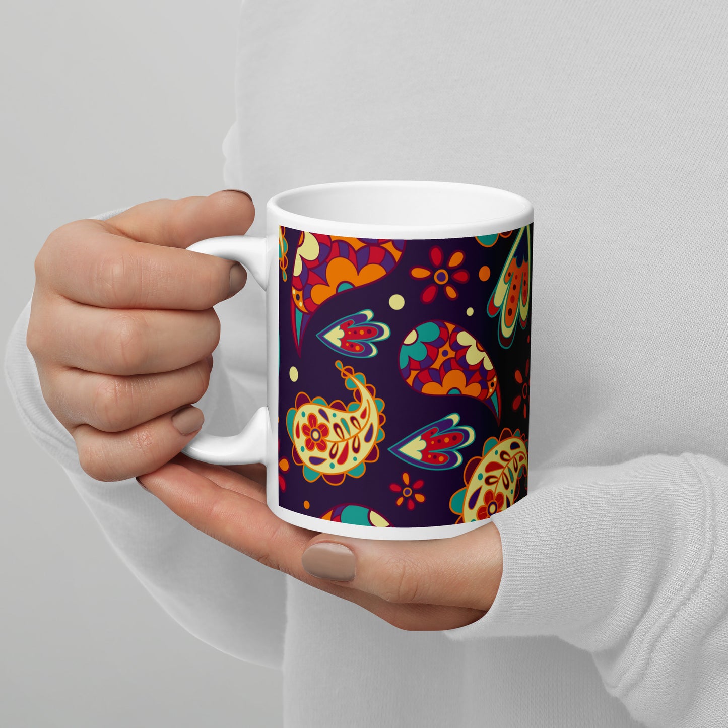 Elegant Colorful Paisley Pattern White Glossy Mug