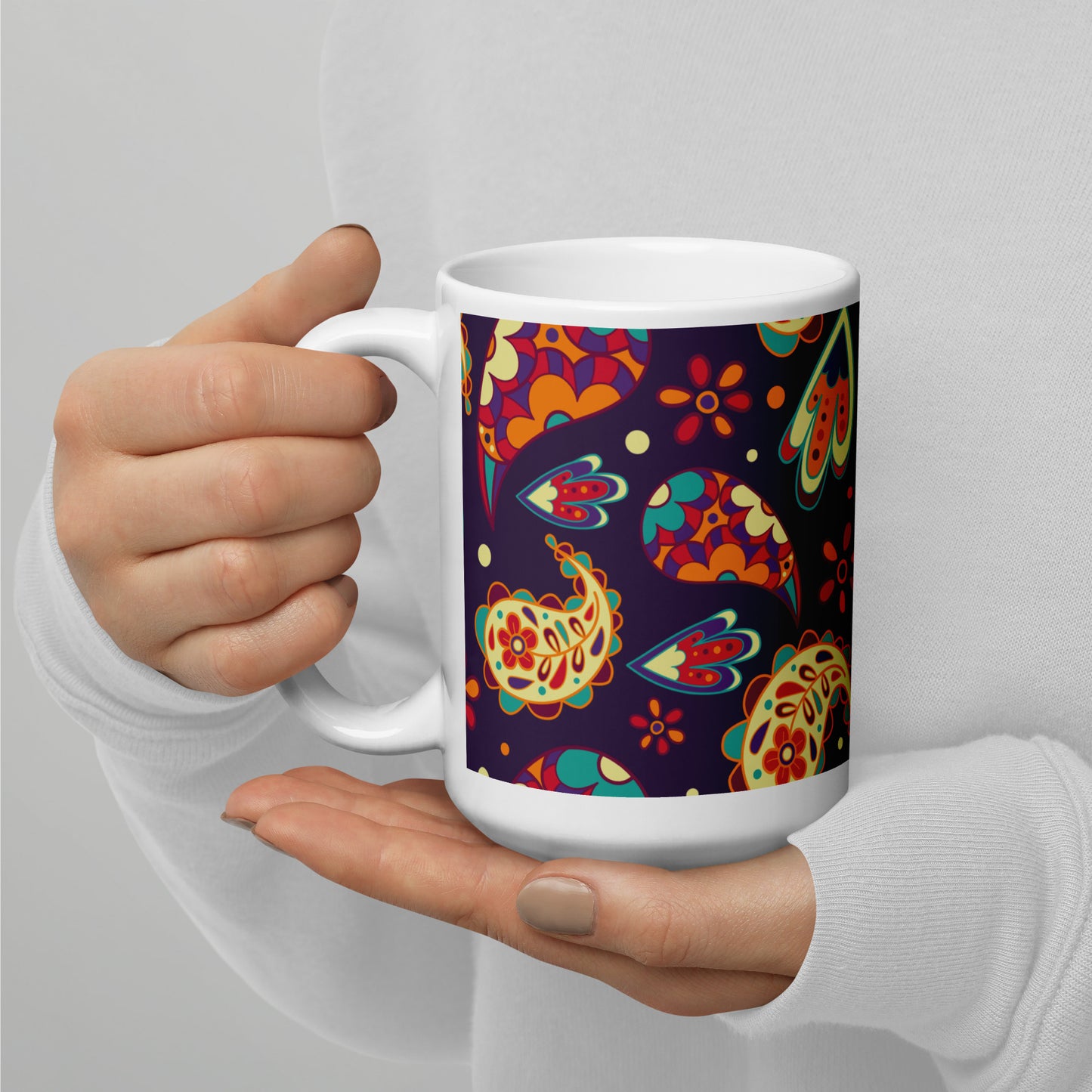 Elegant Colorful Paisley Pattern White Glossy Mug