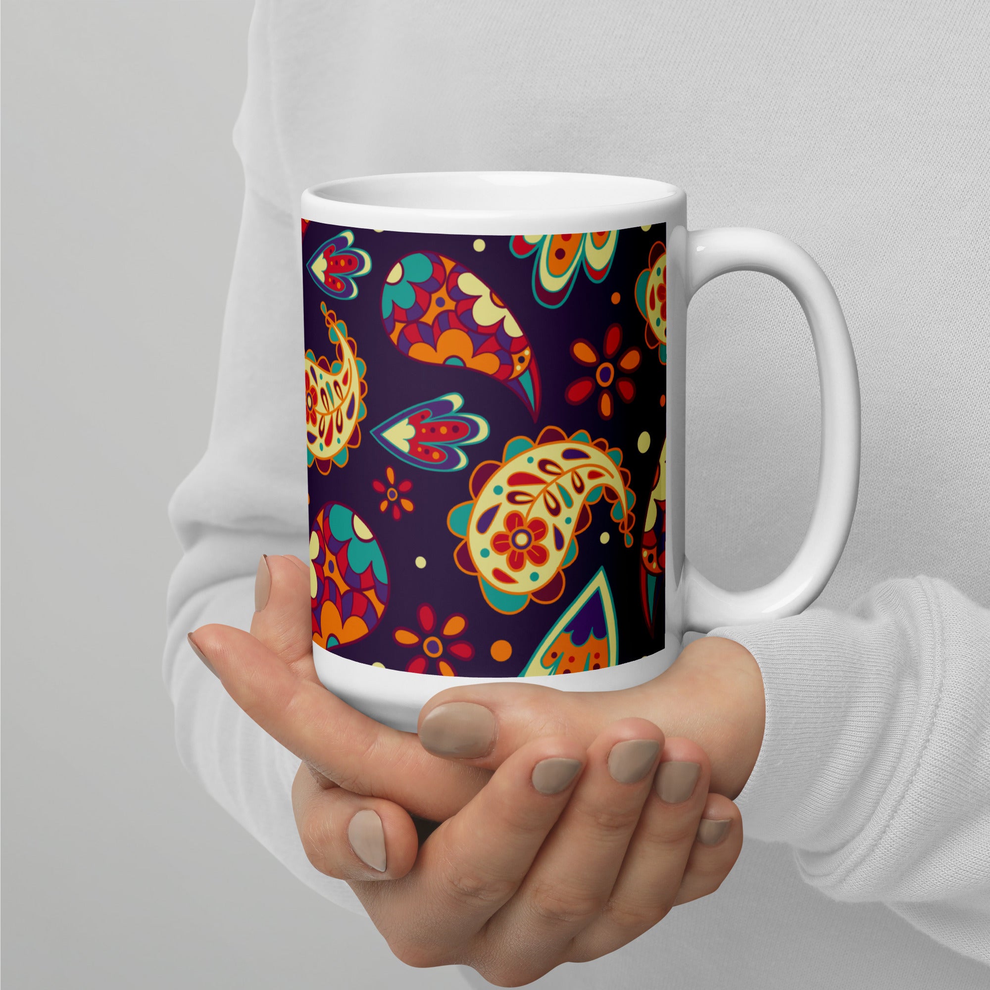 Elegant Colorful Paisley Pattern White Glossy Mug