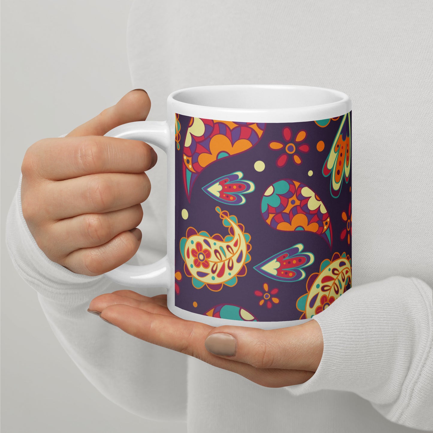 Elegant Colorful Paisley Pattern White Glossy Mug