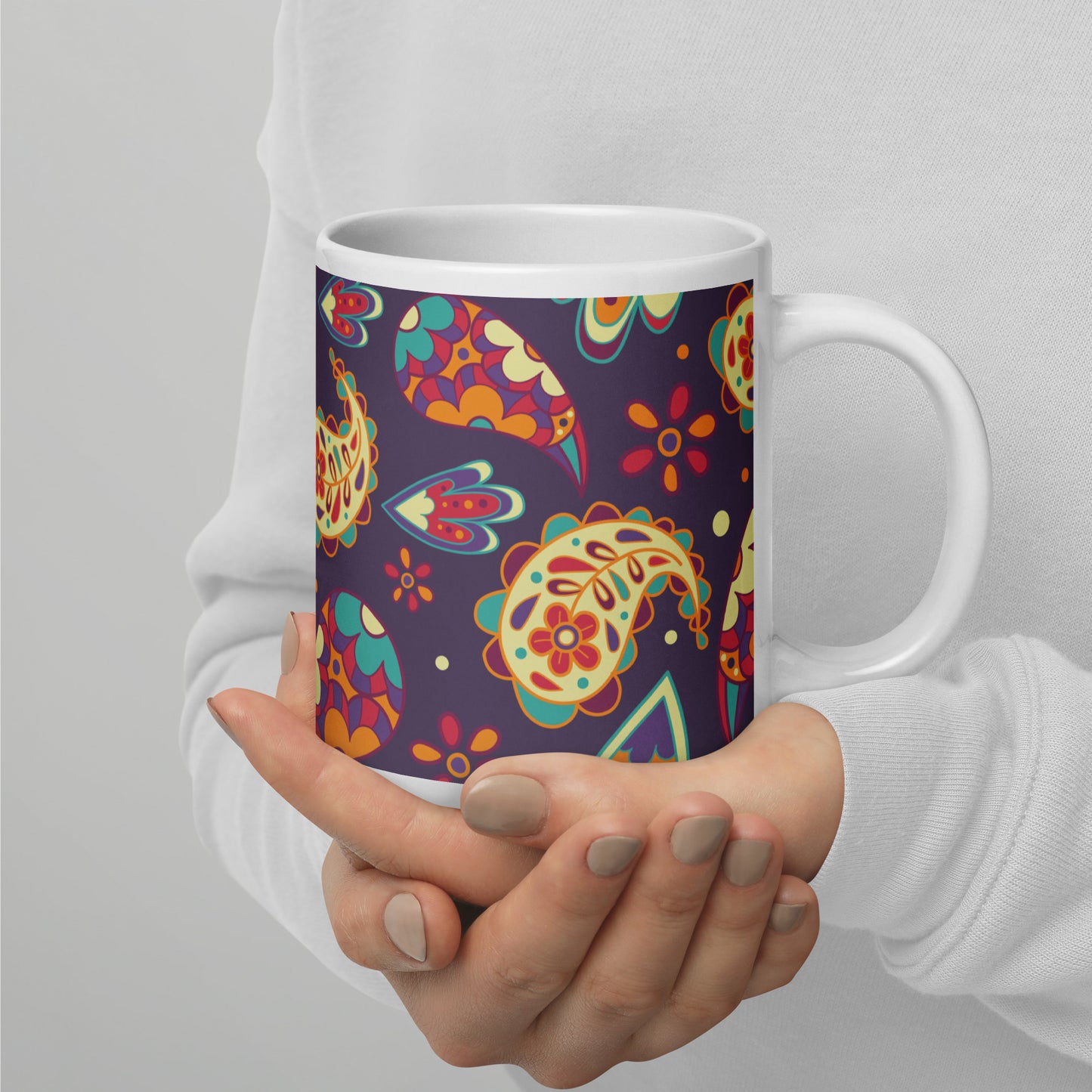 Elegant Colorful Paisley Pattern White Glossy Mug
